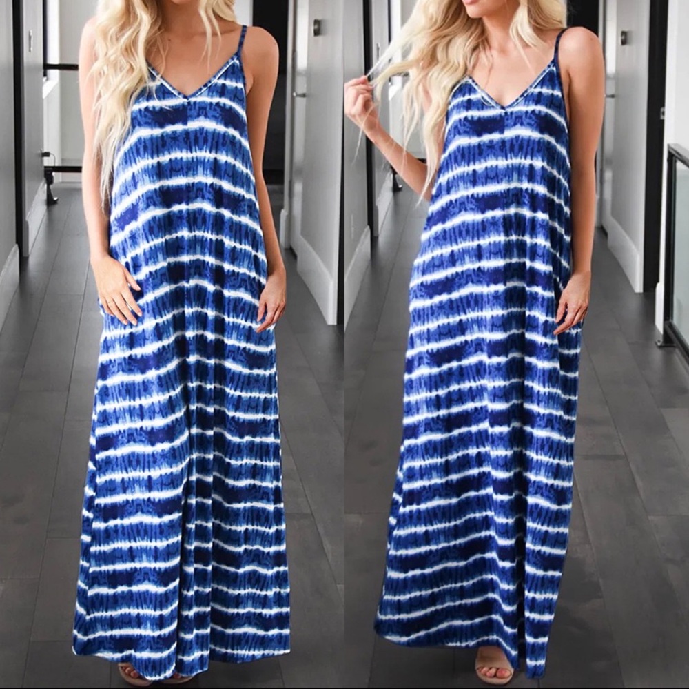 Tie Dye Striped Slip Maxi Dress Blue